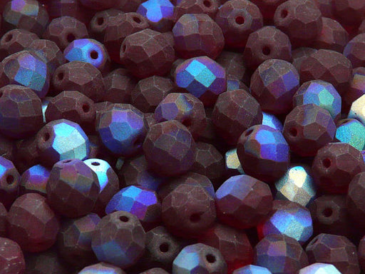 25 pcs Fire Polished Faceted Beads Round, 8mm, Dark Ruby Half AB Matte, Czech Glass
