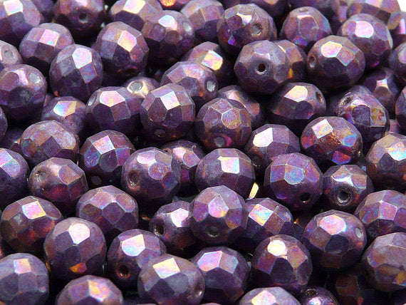 25 pcs Fire Polished Faceted Beads Round, 8mm, Chalk White Half Iris Luster Matte, Czech Glass