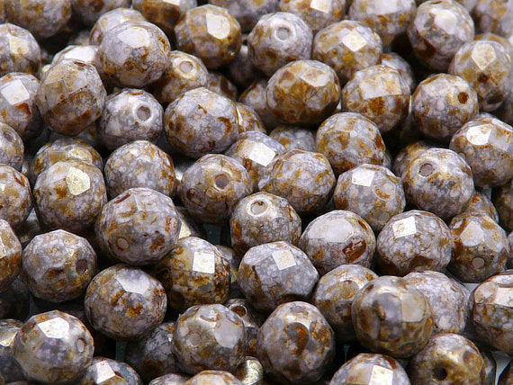 25 pcs Fire Polished Faceted Beads Round, 8mm, Chalk White Copper Senegal Matte, Czech Glass