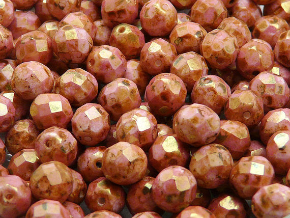 25 pcs Fire Polished Faceted Beads Round, 8mm, Chalk White Red Glaze Matte, Czech Glass