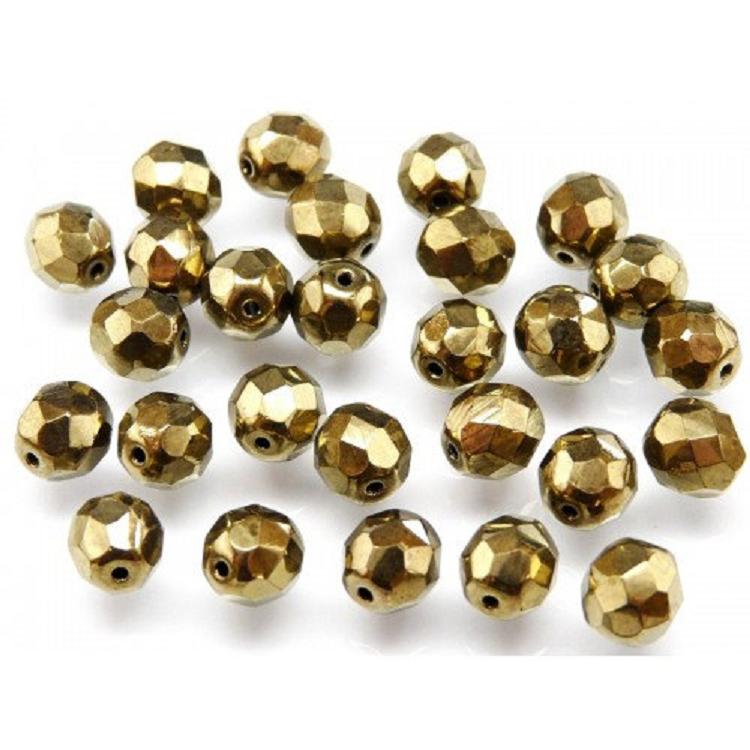 25 pcs Fire-Polished Faceted Beads Round 8mm, Czech Glass, Gold Metallic