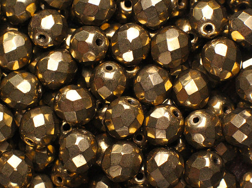 25 pcs Fire-Polished Faceted Beads Round 8mm, Czech Glass, Gold Metallic