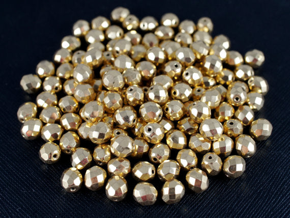 25 pcs Fire Polished Faceted Beads Round, 8mm, Gold Plated, 24 Carat, Czech Glass