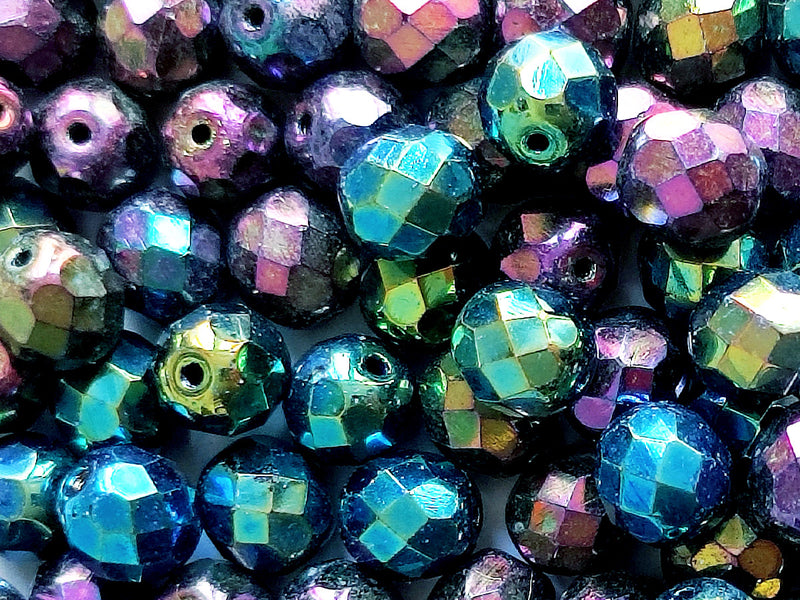 Set of Round Fire Polished Beads (3mm, 4mm, 6mm, 8mm), Jet Iris Rainbow, Czech Glass