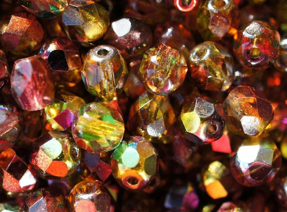FP Faceted Beads Round 8 mm 8 mm, Crystal Magic Red Yellow, Czech Glass