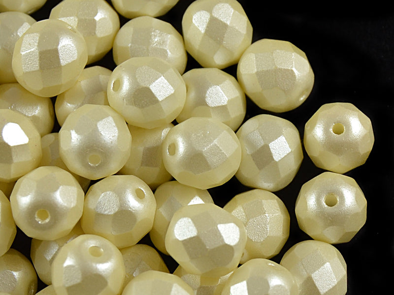 Set of Round Fire Polished Beads (3mm, 4mm, 6mm, 8mm), Pastel Light Cream, Czech Glass