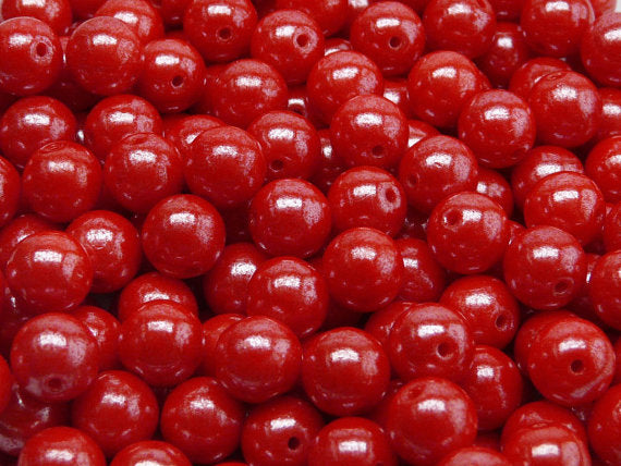 25 pcs Round Pressed Beads, 8mm, Opaque Coral Red White Luster, Czech Glass