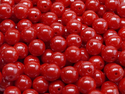 25 pcs Round Pressed Beads, 8mm, Opaque Coral Red White Luster, Czech Glass