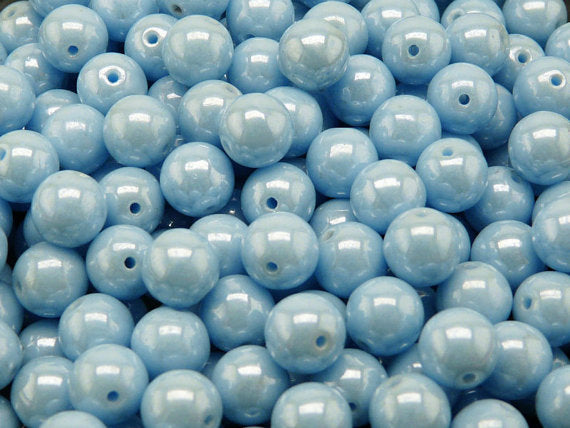 25 pcs Round Pressed Beads, 8mm, Opaque Turquoise White Luster, Czech Glass