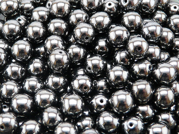 25 pcs Round Pressed Beads, 8mm, Jet Hematite (Gray), Czech Glass