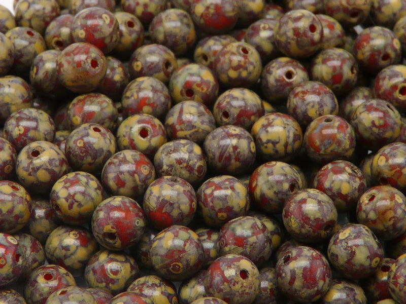 25 pcs Round Pressed Beads, 8mm, Orange Opal Travertine, Czech Glass