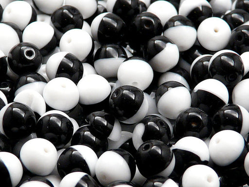 25 pcs Round Pressed Beads, 8mm, Chalk White Half Jet Black, Czech Glass