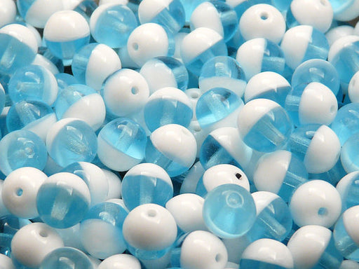 25 pcs Round Pressed Beads, 8mm, Combi Chalk White Half Light Aquamarine, Czech Glass