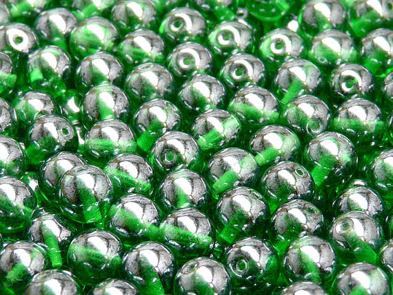 25 pcs Round Pressed Beads, 8mm, Green Transparent White Luster, Czech Glass