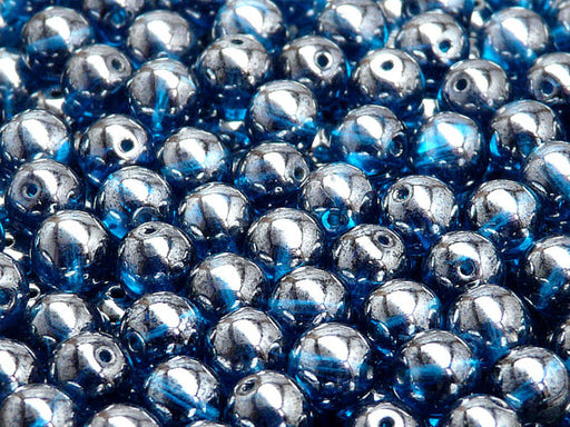 25 pcs Round Pressed Beads, 8mm, Capri Blue Transparent Luster (Dark Aqua Luster), Czech Glass