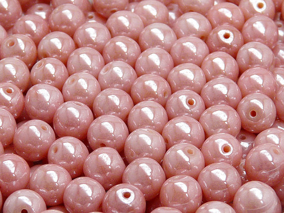 25 pcs Round Pressed Beads, 8mm, Opaque Rosaline White Luster, Czech Glass