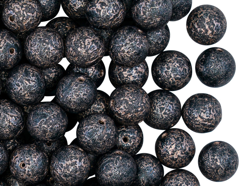 25 pcs Round Beads 8 mm, Jet Black Antique Copper Etched, Czech Glass
