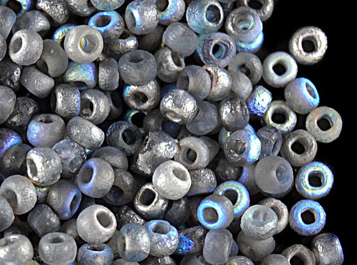 10 g 8/0 Etched Seed Beads, Crystal Etched Graphite Rainbow, Czech Glass