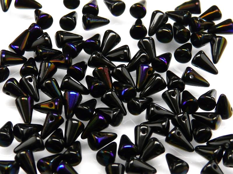 20 pcs Spike Small Pressed Beads, 5x8mm, Jet Half Azuro, Czech Glass