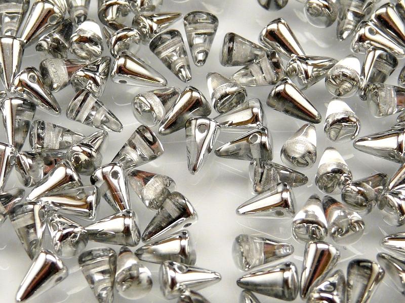 20 pcs Spike Small Pressed Beads, 5x8mm, Crystal Half Silver, Czech Glass