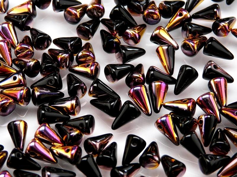 20 pcs Spike Small Pressed Beads, 5x8mm, Jet Black Half Sliperit AB, Czech Glass