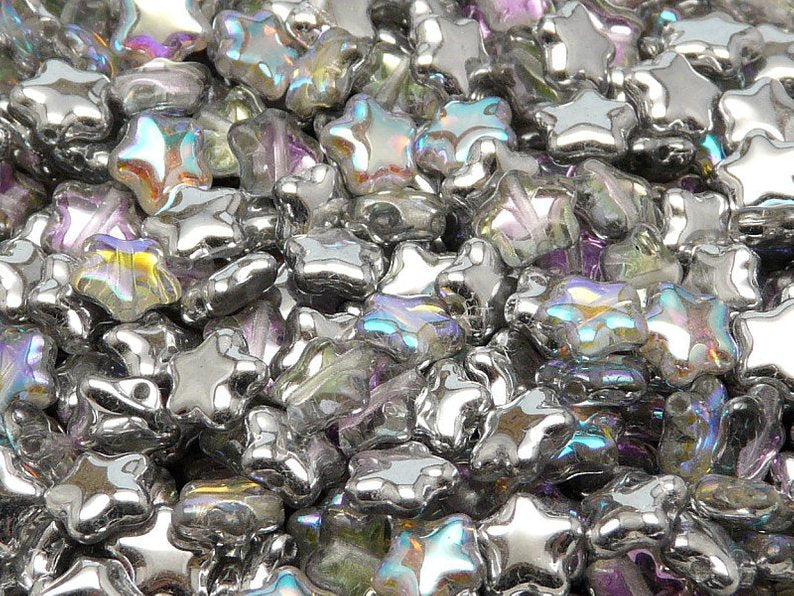 50 pcs Star Beads, 8 mm, Czech Glass, Crystal Silver Rainbow