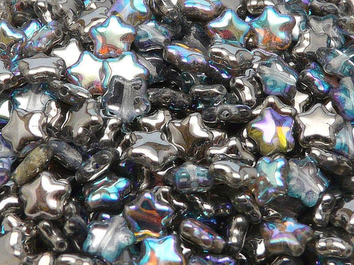 50 pcs Star Beads, 8 mm, Czech Glass, Crystal Graphite Rainbow