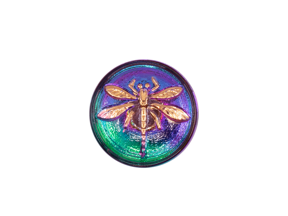 1 pc Czech Glass Button, Green Purple Vitrail Gold Dragonfly, Size 8 (18mm)