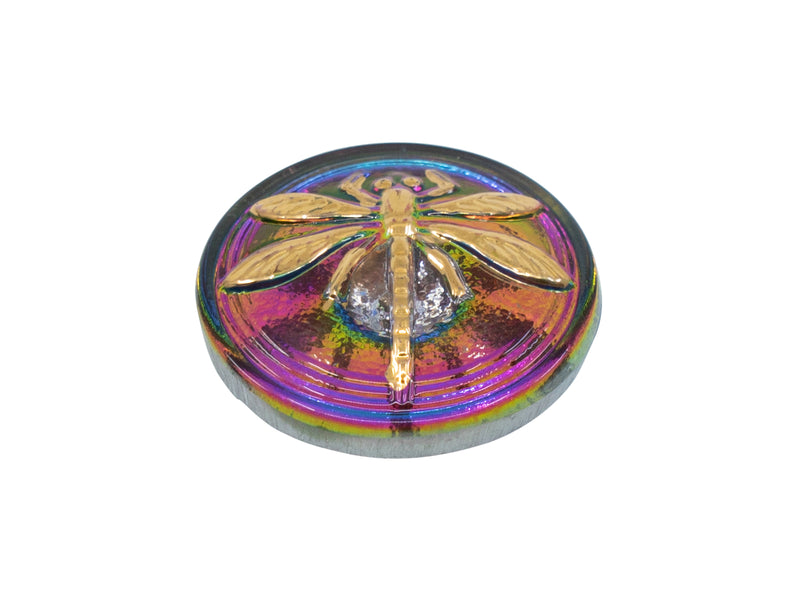 1 pc Czech Glass Button, Green Purple Vitrail Gold Dragonfly, Size 8 (18mm)