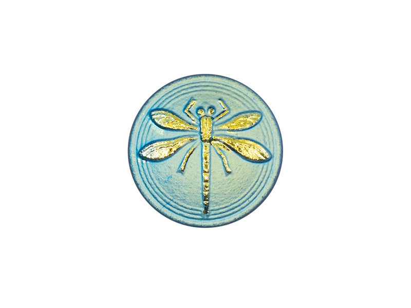1 pc Czech Glass Button, Turquoise Green AB Matte Gold Dragonfly, Hand Painted, Size 8 (18mm)