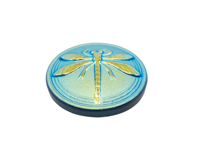 1 pc Czech Glass Button, Turquoise Green AB Matte Gold Dragonfly, Hand Painted, Size 8 (18mm)