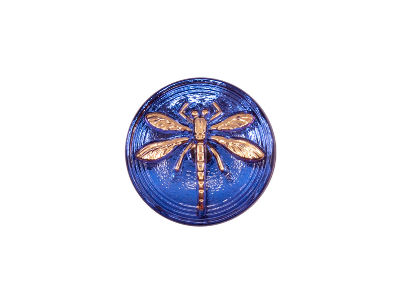 1 pc Czech Glass Cabochon Blue Purple Vitrail Gold Dragonfly (Smooth Reverse Side), Hand Painted, Size 8 (18mm)