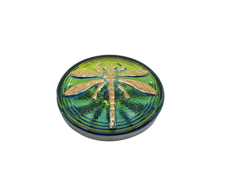 1 pc Czech Glass Cabochon Pink Green Gold Dragonfly (Smooth Reverse Side), Hand Painted, Size 8 (18mm)