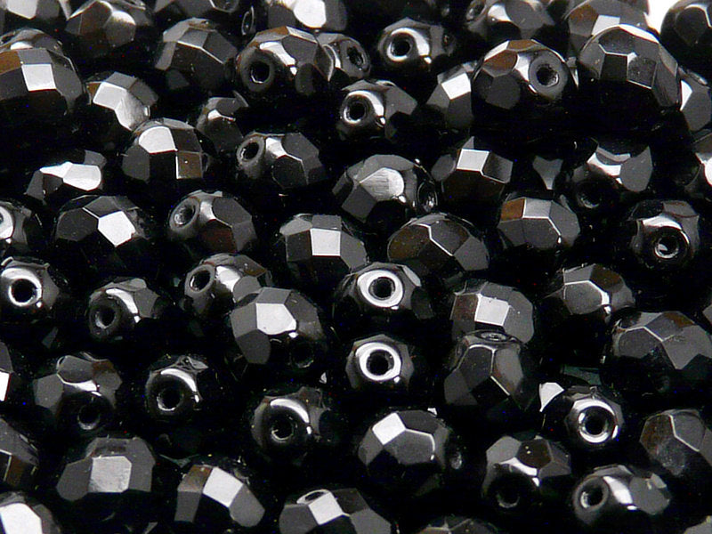 Set of Round Fire Polished Beads ( 4mm, 6mm, 8mm), 3 colors: Crystal Vitrail, Chalk White, Jet Black, Czech Glass