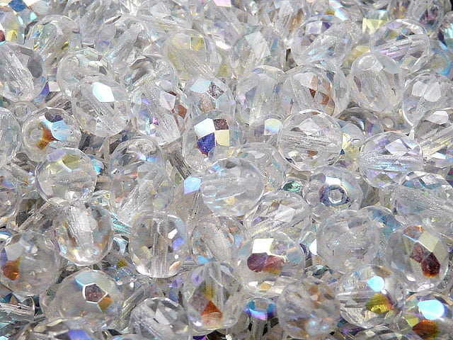 Set of Round Fire Polished Beads (3mm, 4mm, 6mm, 8mm), 3 colors: Crystal Vitrail, Chalk White, Crystal AB, Czech Glass
