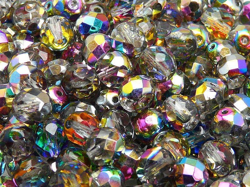 Set of Round Fire Polished Beads ( 4mm, 6mm, 8mm), 3 colors: Crystal Vitrail, Chalk White, Jet Black, Czech Glass