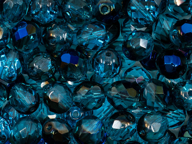 25 pcs Fire Polished Faceted Beads Round, 8mm, Aquamarine Half Azuro, Czech Glass