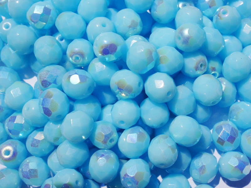 25 pcs Fire Polished Faceted Beads Round, 8mm, Opaque Aquamarine AB, Czech Glass
