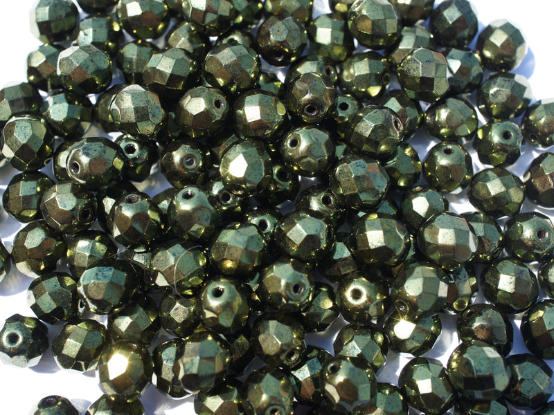 25 pcs Fire Polished Faceted Beads Round, 8mm, Metallic Green, Czech Glass
