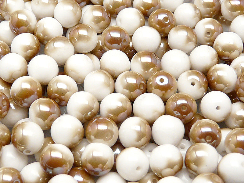 25 pcs Round Pressed Beads, 8mm, Chalk White Half Celsian, Czech Glass