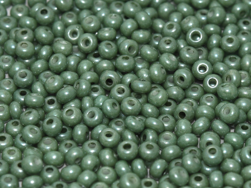 20 g 8/0 Seed Beads, Chalk White Teal Luster (Opaque Gray Green Ceramic Look), Czech Glass