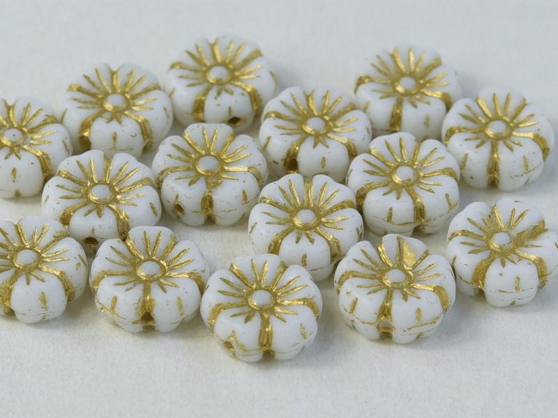 Hibiscus Flower Beads 9 mm, Chalk White with Golden Decor, Czech Glass