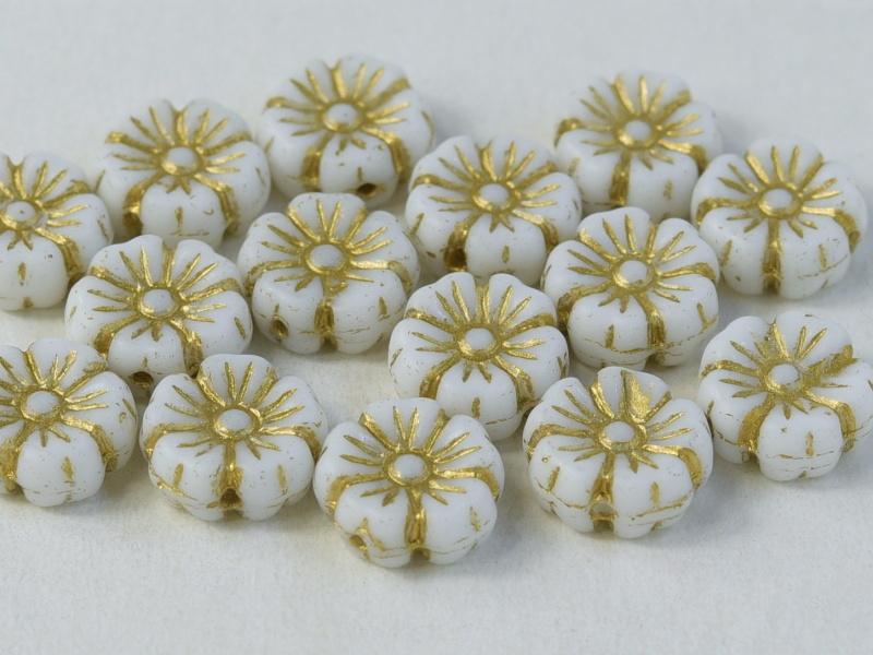 Hibiscus Flower Beads 9 mm, Chalk White with Golden Decor, Czech Glass