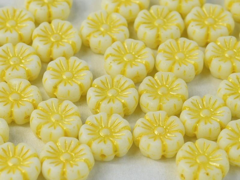 Hibiscus Flower Beads 9 mm, Chalk White with Yellow Decor, Czech Glass