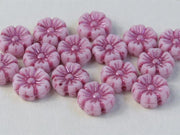 Hibiscus Flower Beads 9 mm, Chalk White with Fuchsia Decor, Czech Glass