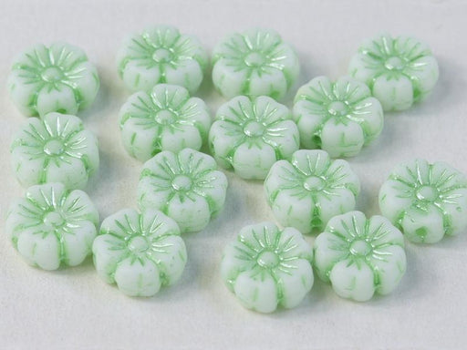 Hibiscus Flower Beads 9 mm, Chalk White with Green Decor, Czech Glass