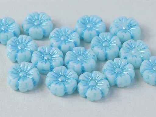 Hibiscus Flower Beads 9 mm, Chalk White with Turquoise Blue Decor, Czech Glass