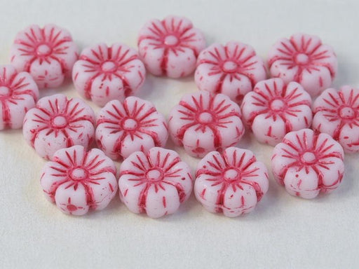 Hibiscus Flower Beads 9 mm, Chalk White with Red Decor, Czech Glass