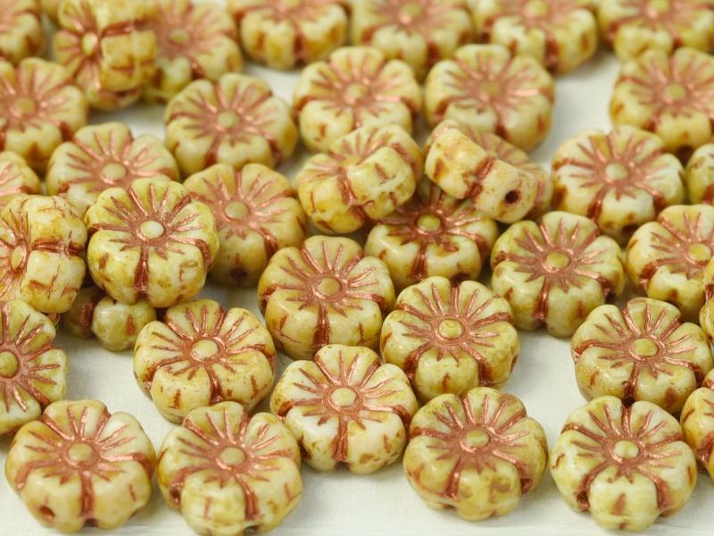 Hibiscus Flower Beads 9 mm, Chalk White Terracotta Copper, Czech Glass