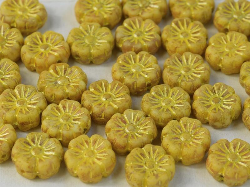 Hibiscus Flower Beads 9 mm, Chalk White Yellow Gold, Czech Glass